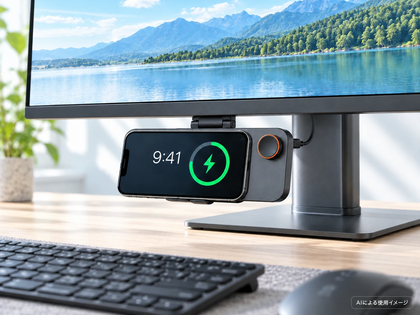 AIによる充電イメージ。モニター下のスマホに充電表示、右に操作ダイヤルが見える接写。実物写真ではありません