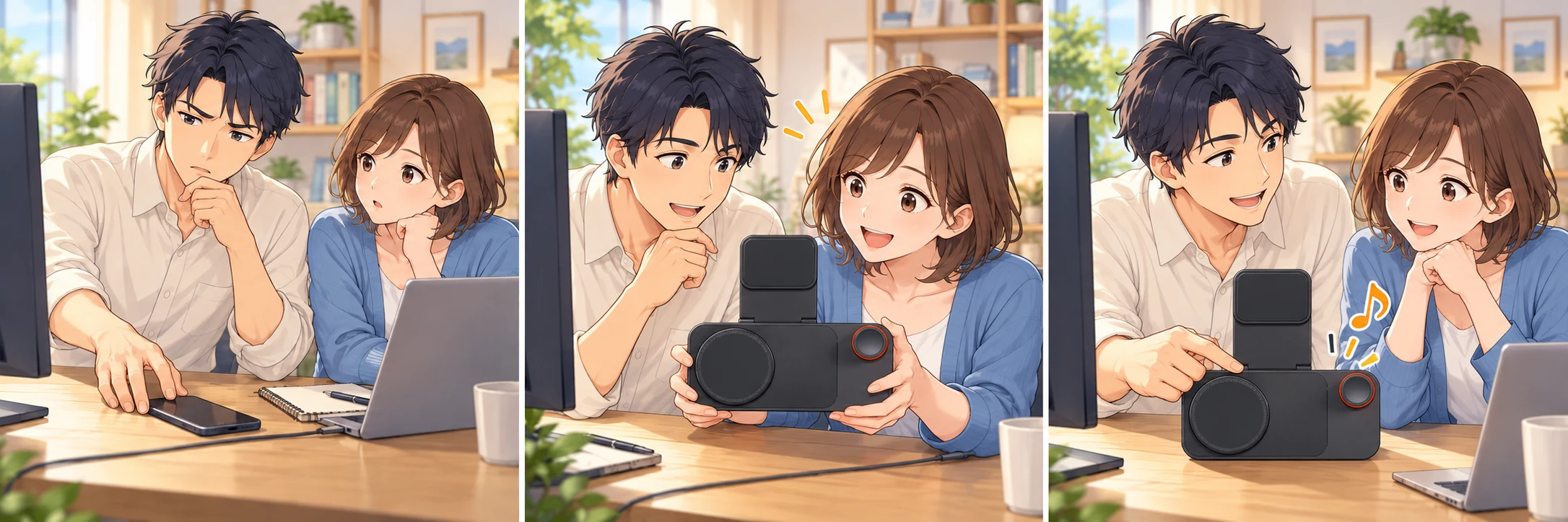 スマホへ手を伸ばして困るレンと、相談を聞くミオのアニメ風イラスト