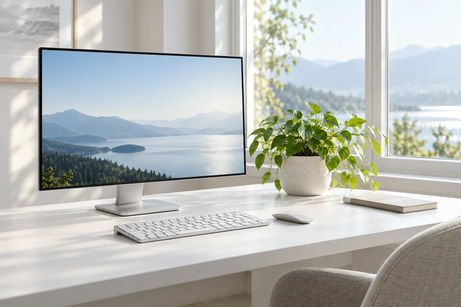 外部モニターと観葉植物のある在宅勤務用デスクのAI生成イメージ。CW15の使用写真ではありません。